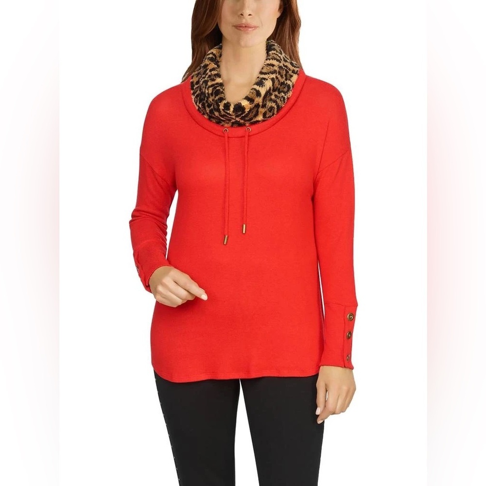 Ruby Rd. Red Cowl Neck Sweater with Leopard Trim size 3x